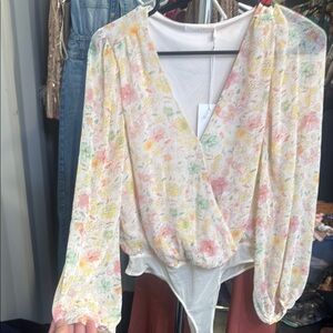 Lush NWT Pink and Yellow Long Sleeve bodysuit Blouse